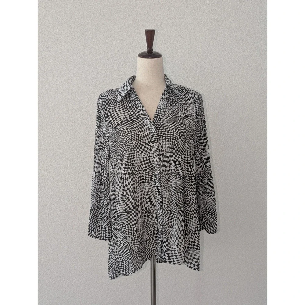 Sunny Leigh Checkerboard Button Down Tunic Blouse Black White Medium